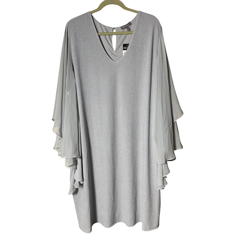 Ulla Popken Silver Sparkle Flutter Sleeve Dress SZ 28 V Neck Formal New Years